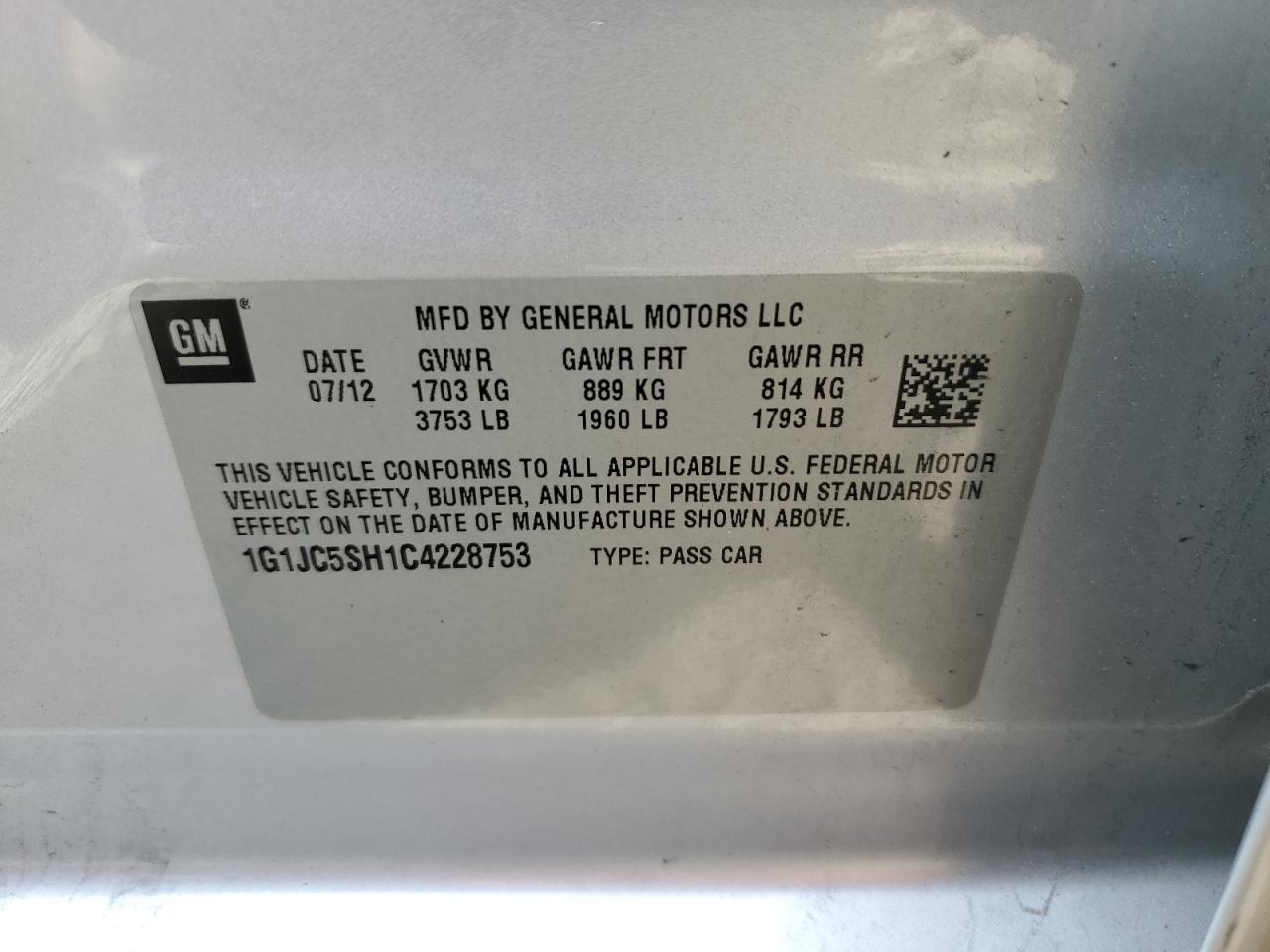 1G1JC5SH1C4228753 2012 Chevrolet Sonic Lt