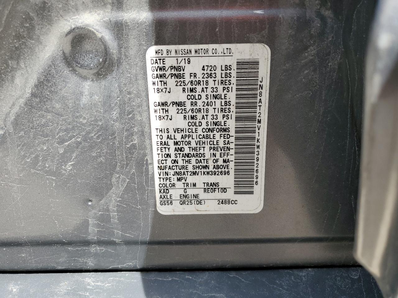 JN8AT2MV1KW392696 NISSAN ROGUE 2019