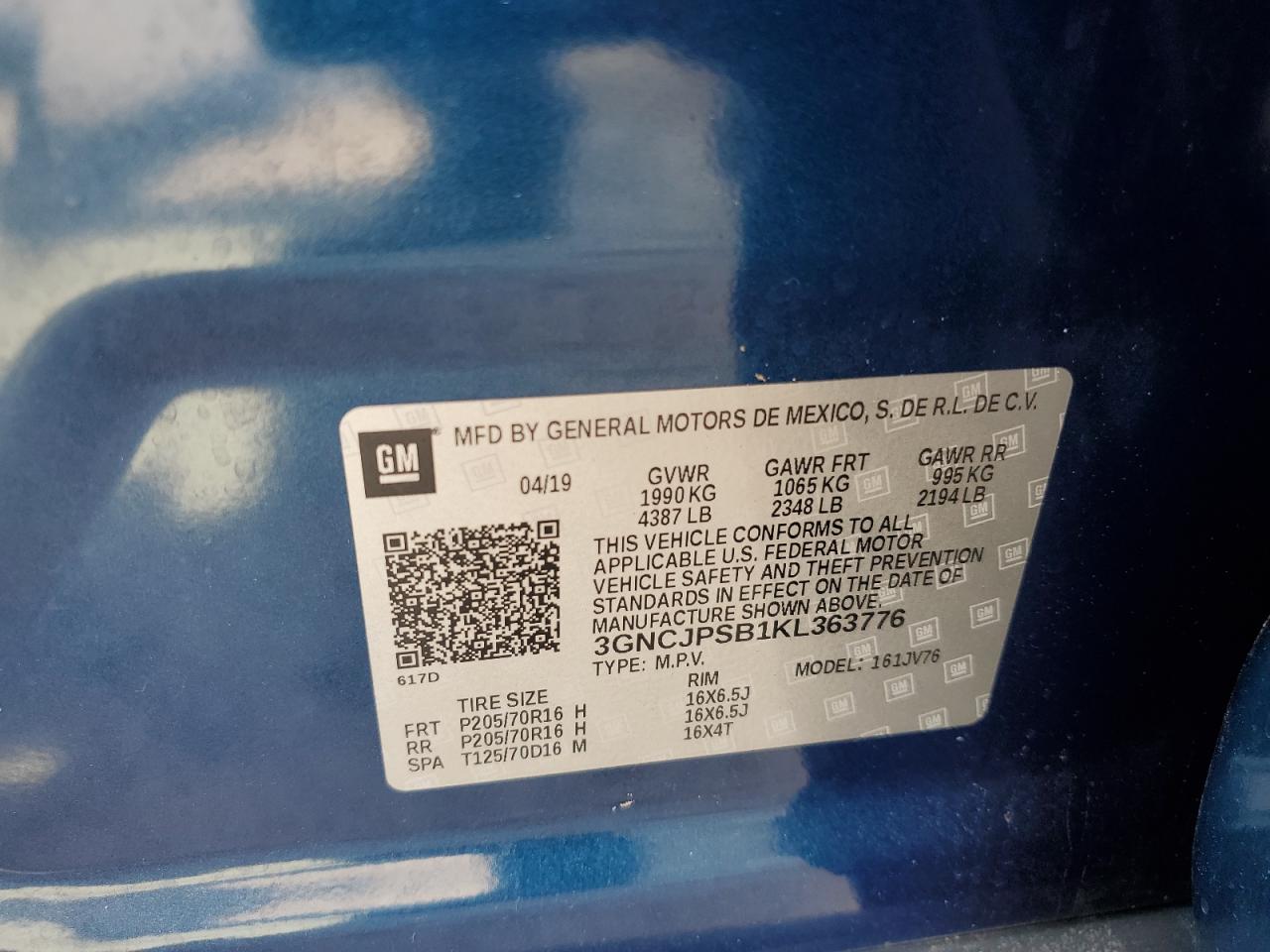 3GNCJPSB1KL363776 2019 Chevrolet Trax 1Lt