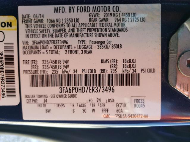 2014 Ford Fusion Se VIN: 3FA6P0HD7ER373496 Lot: 50987654