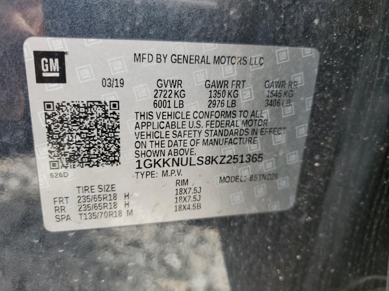 1GKKNULS8KZ251365 2019 GMC Acadia Slt-1