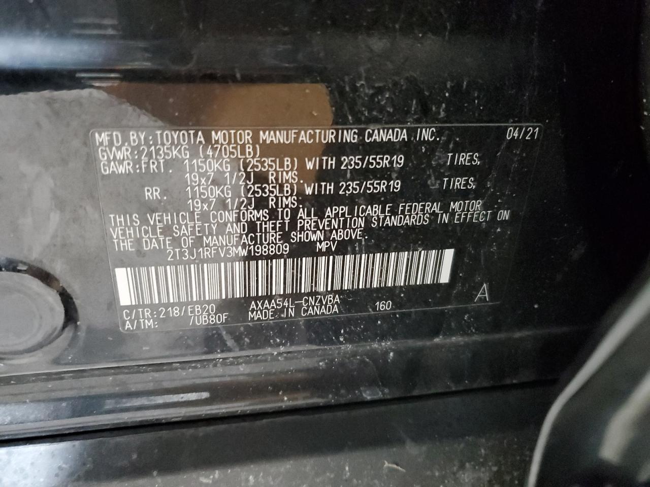 2T3J1RFV3MW198809 TOYOTA RAV4 2021