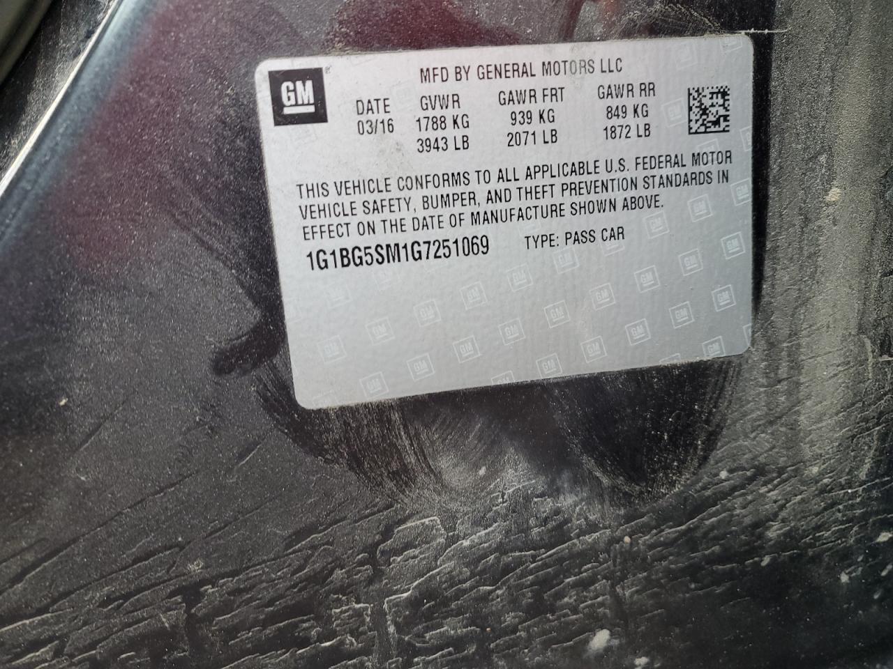 1G1BG5SM1G7251069 CHEVROLET CRUZE 2016