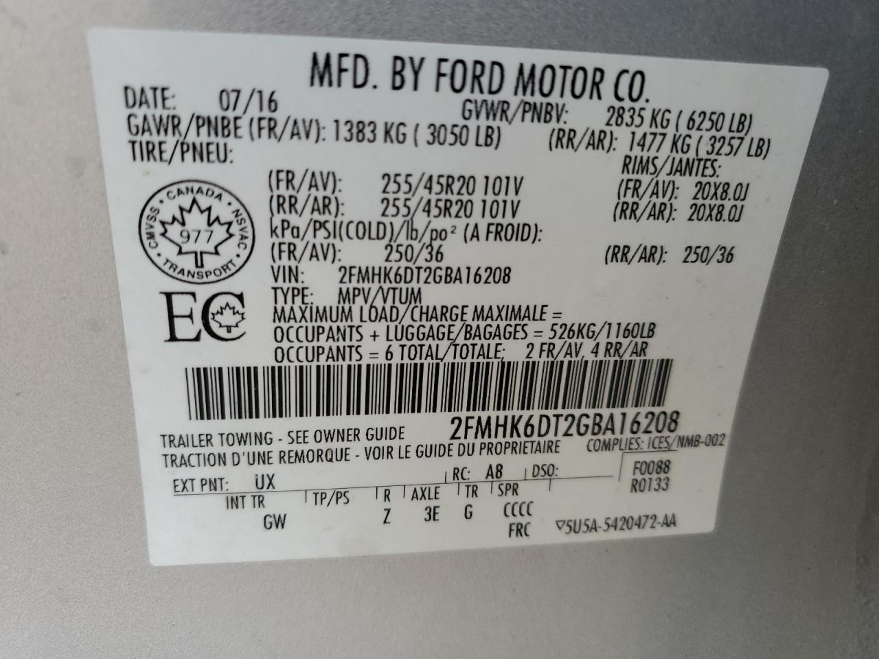 2FMHK6DT2GBA16208 2016 Ford Flex Limited