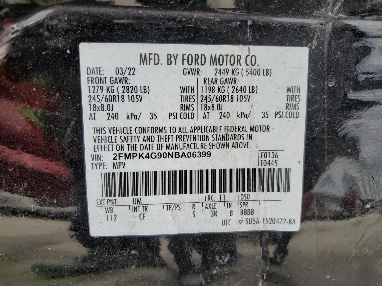 2FMPK4G90NBA06399 FORD EDGE 2022