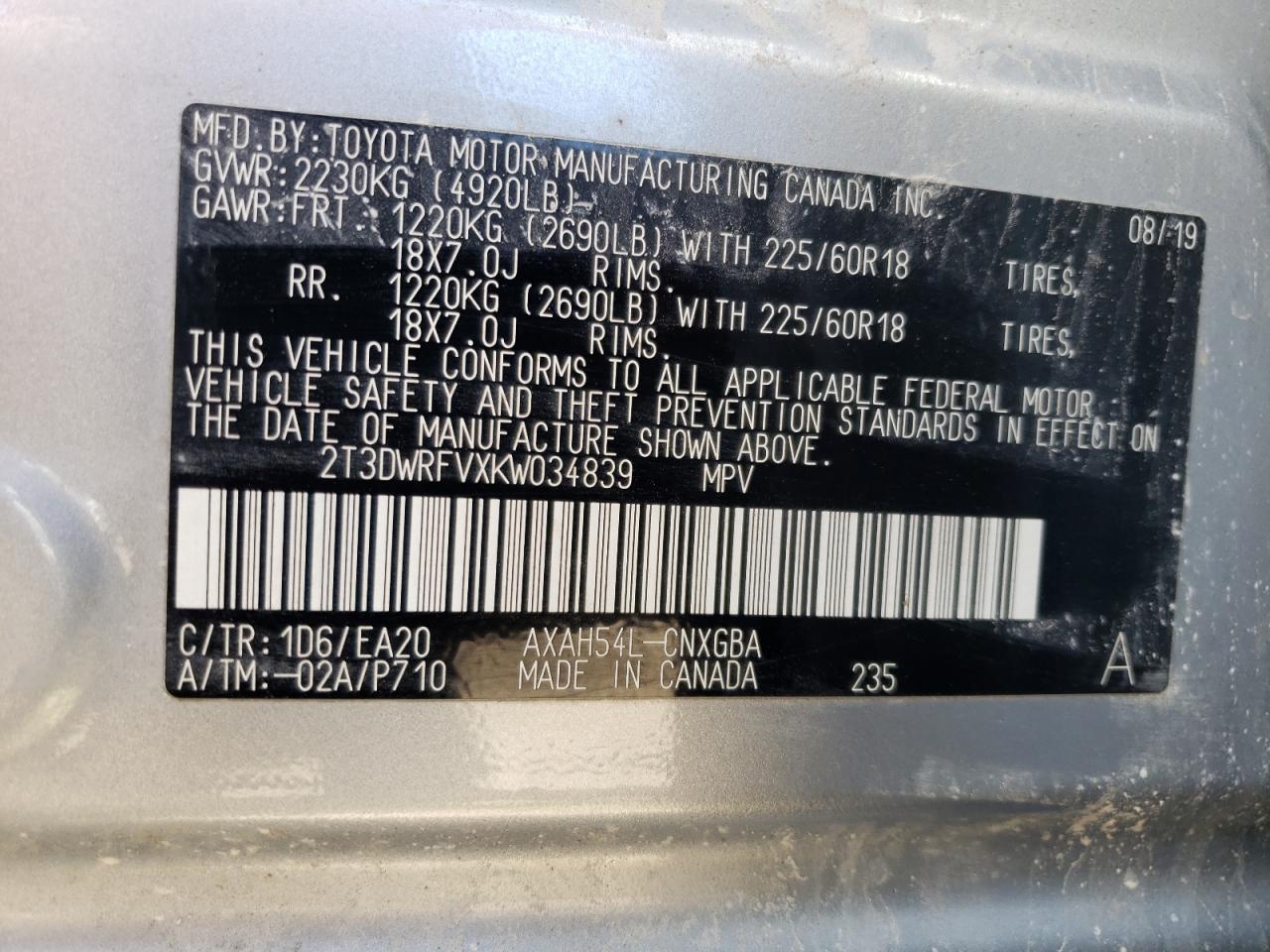 2T3DWRFVXKW034839 TOYOTA RAV4 2019