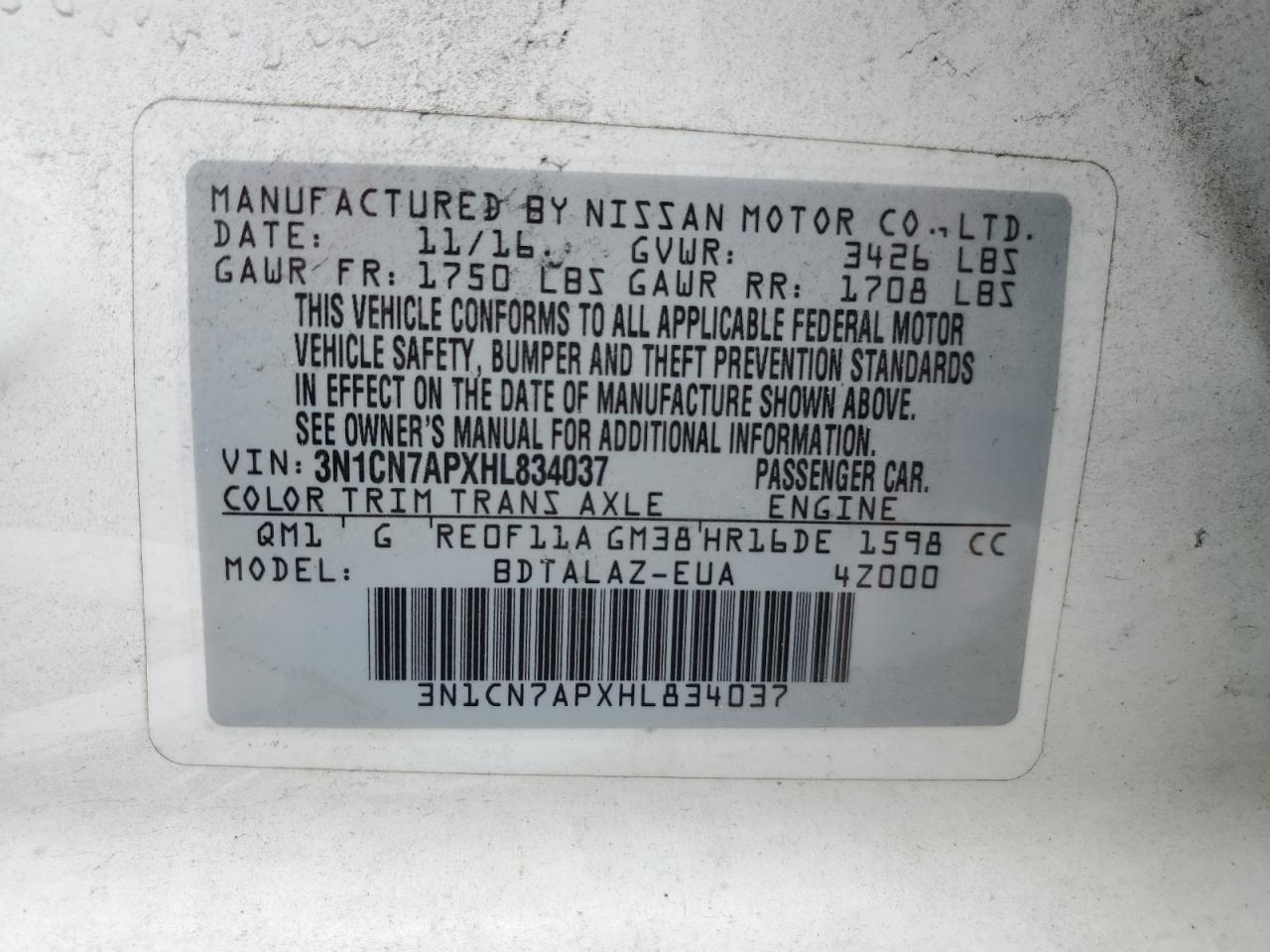 3N1CN7APXHL834037 2017 Nissan Versa S