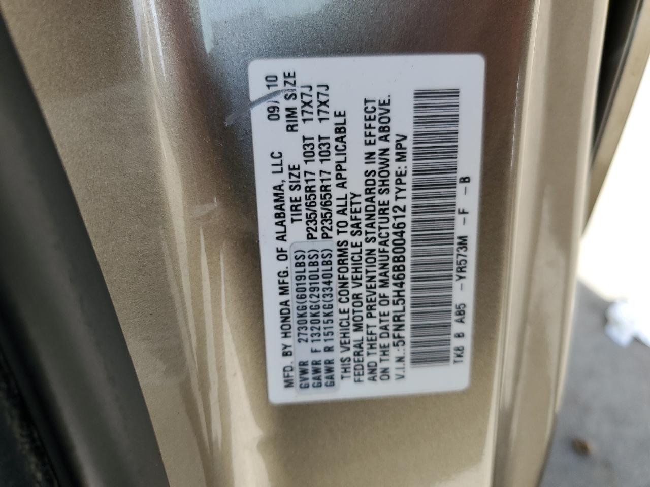 5FNRL5H46BB004612 2011 Honda Odyssey Ex