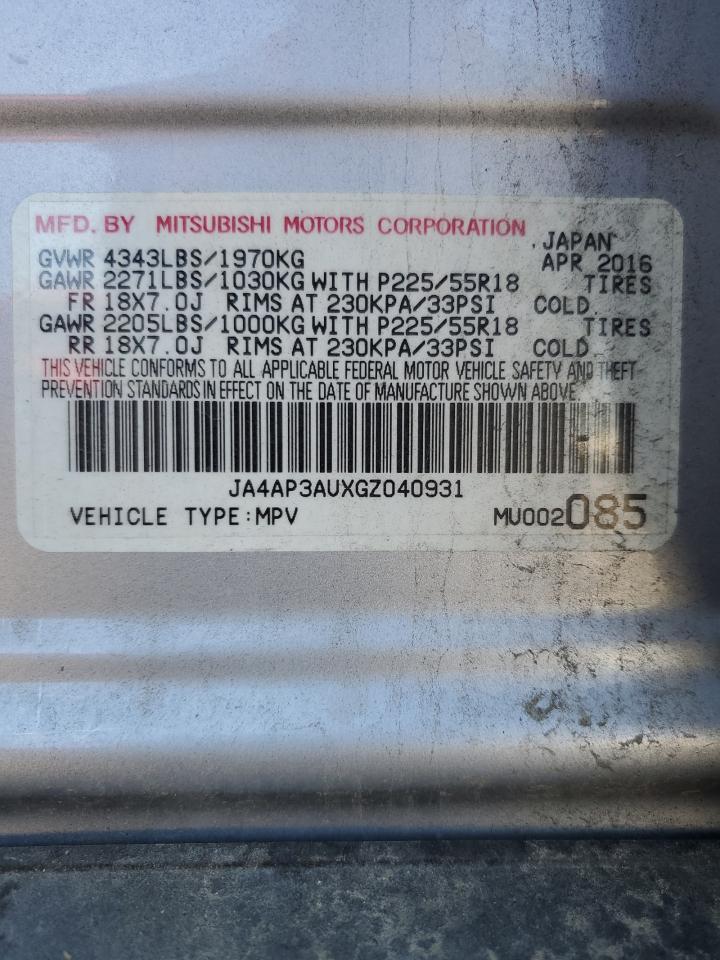 JA4AP3AUXGZ040931 MITSUBISHI OUTLANDER 2016