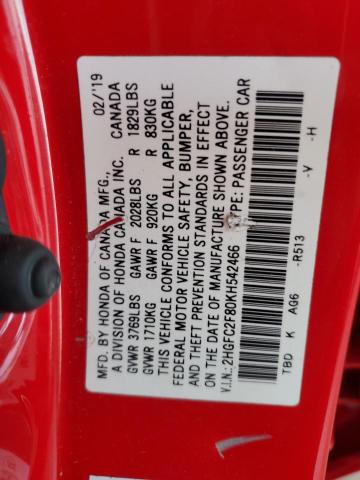 2019 Honda Civic Sport VIN: 2HGFC2F80KH542466 Lot: 50510634