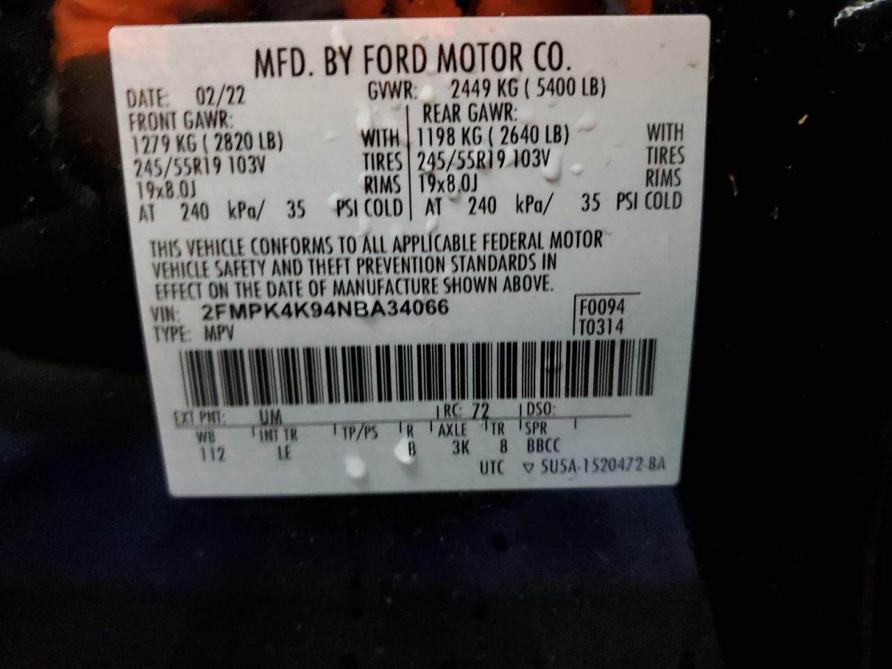 2FMPK4K94NBA34066 FORD EDGE 2022