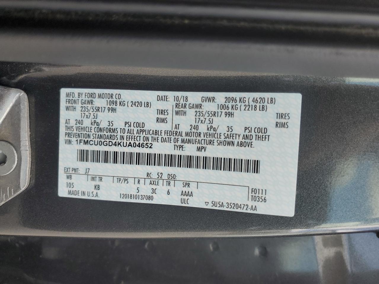 1FMCU0GD4KUA04652 FORD ESCAPE 2019