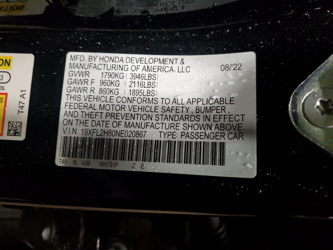 19XFL2H80NE020867 HONDA CIVIC 2022