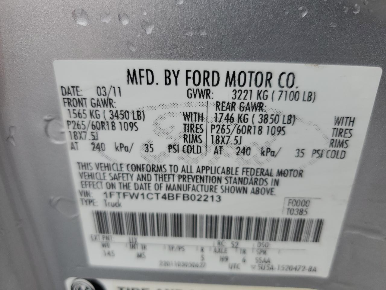 1FTFW1CT4BFB02213 2011 Ford F150 Supercrew