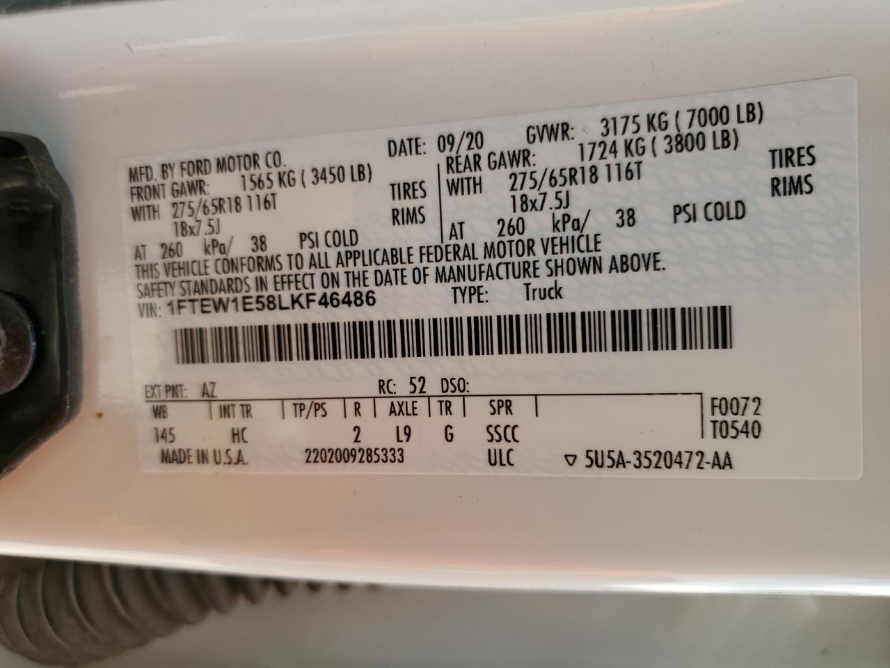 1FTEW1E58LKF46486 FORD F-150 2020