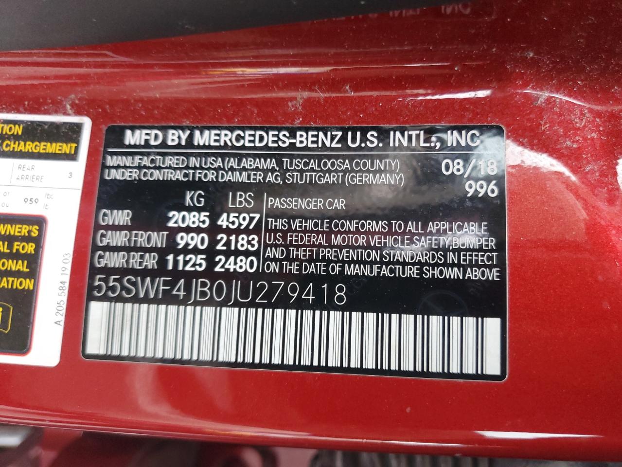 55SWF4JB0JU279418 2018 Mercedes-Benz C 300