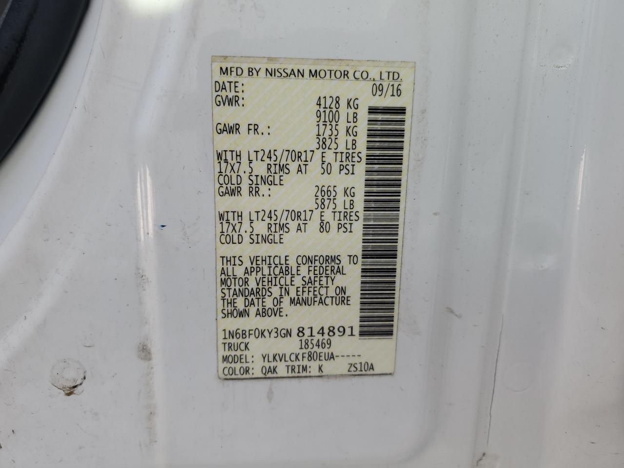 1N6BF0KY3GN814891 2016 Nissan Nv 1500 S