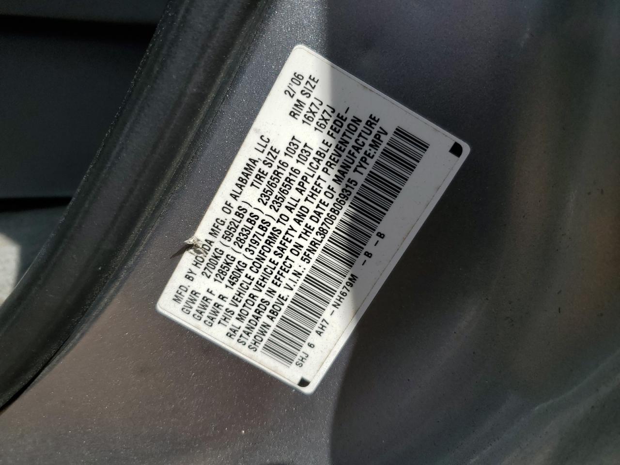 5FNRL38706B069315 2006 Honda Odyssey Exl