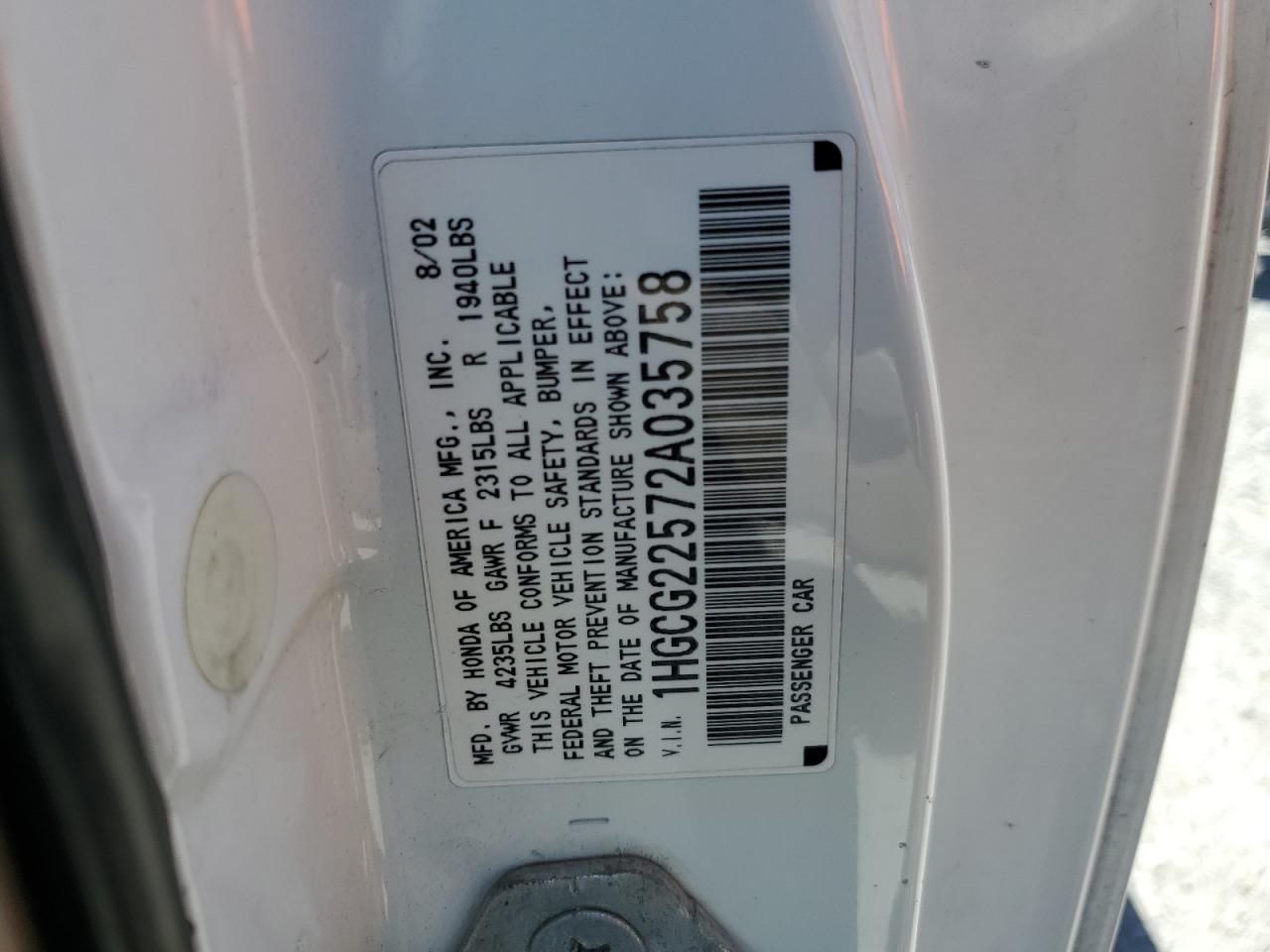 1HGCG22572A035758 2002 Honda Accord Ex