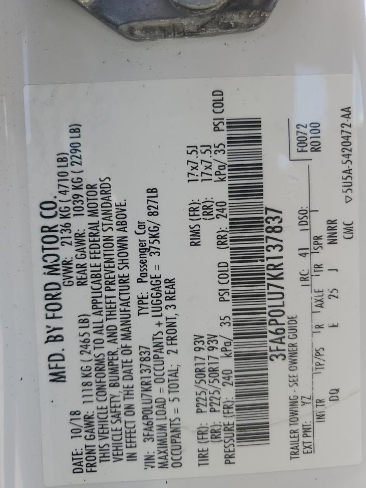 3FA6P0LU7KR137837 FORD FUSION 2019