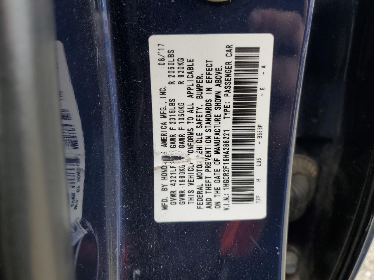1HGCR2F19HA288221 HONDA ACCORD 2017