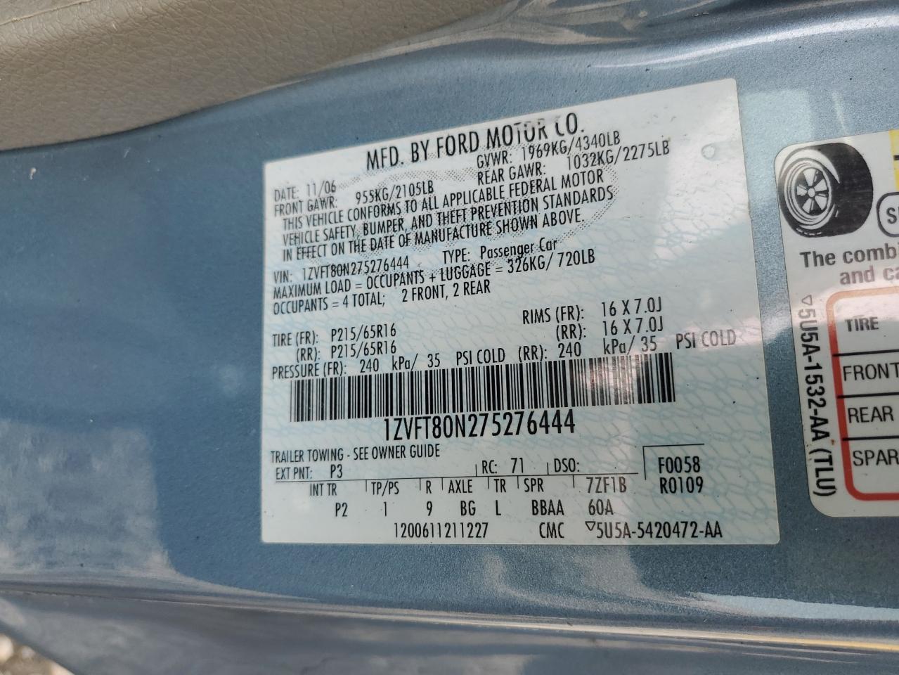 1ZVFT80N275276444 2007 Ford Mustang