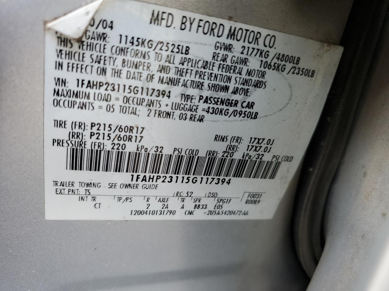 1FAHP23115G117394 2005 Ford Five Hundred Se