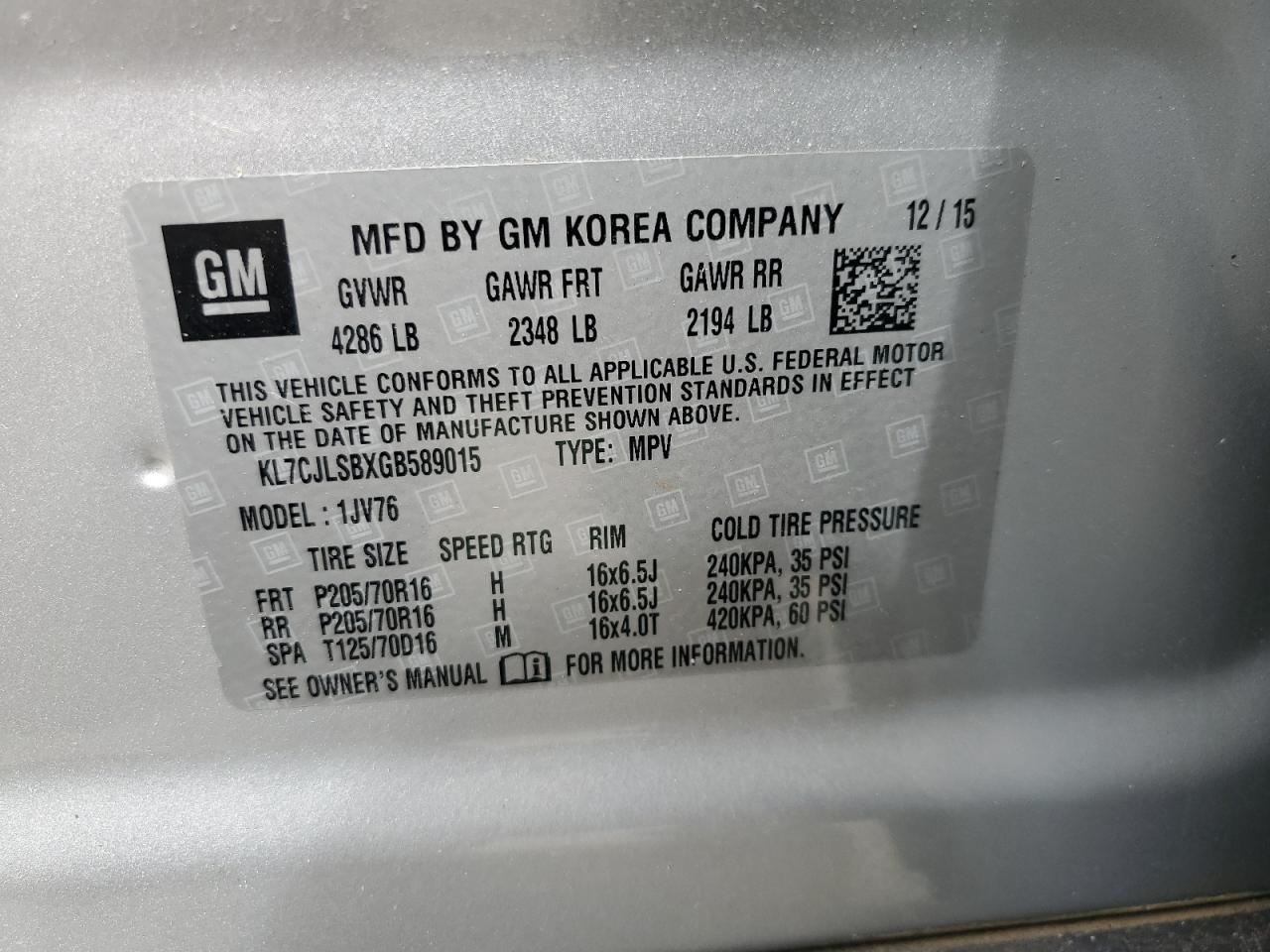 KL7CJLSBXGB589015 CHEVROLET TRAX 2016