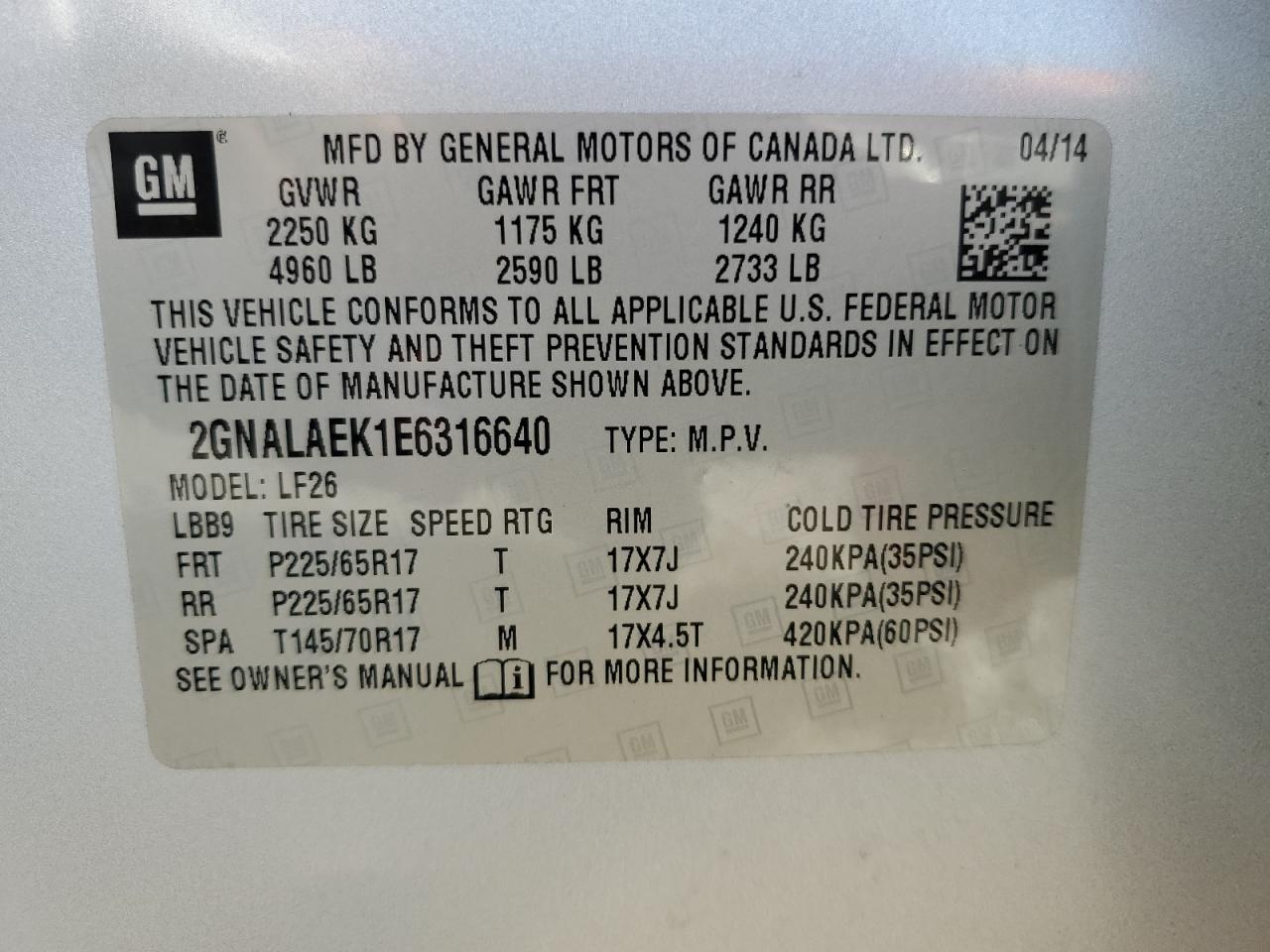 2014 Chevrolet Equinox Ls vin: 2GNALAEK1E6316640