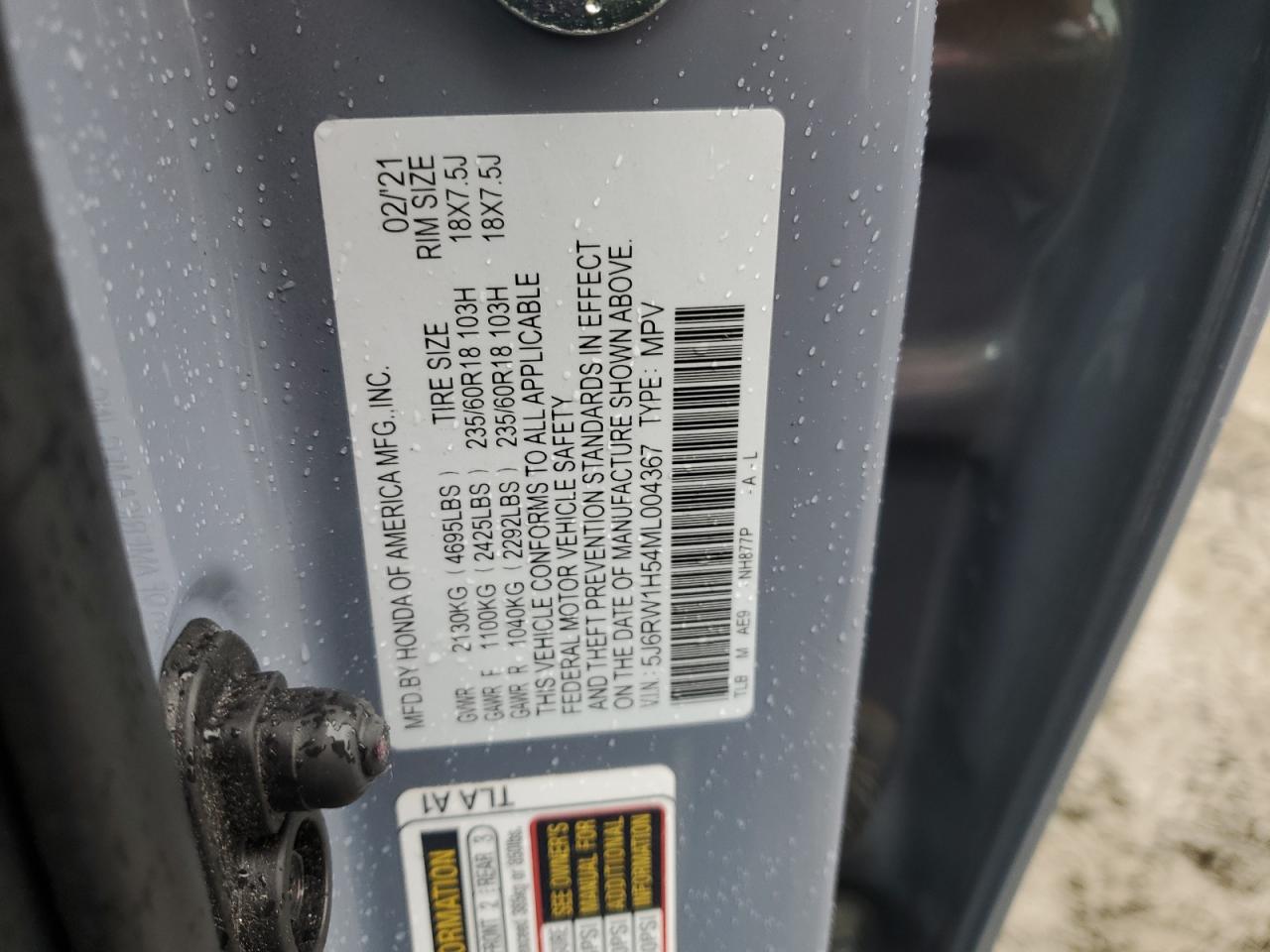 5J6RW1H54ML004367 HONDA CRV 2021