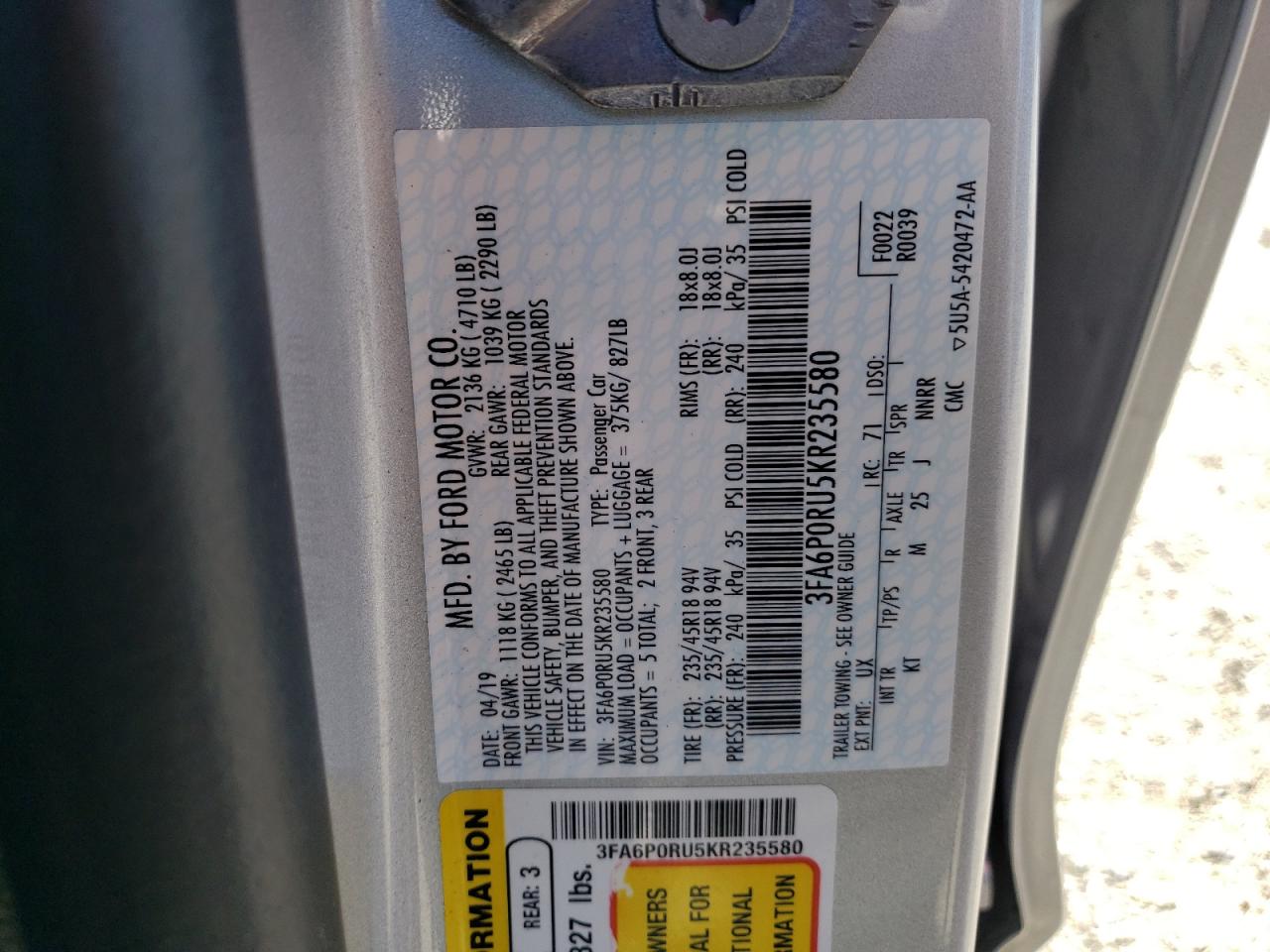 3FA6P0RU5KR235580 FORD FUSION 2019