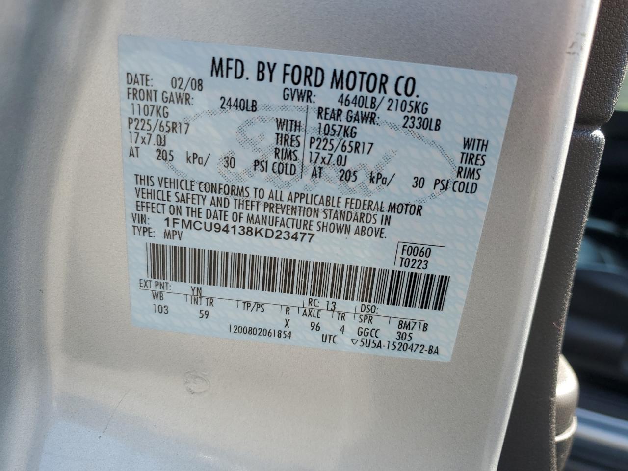 1FMCU94138KD23477 2008 Ford Escape Limited