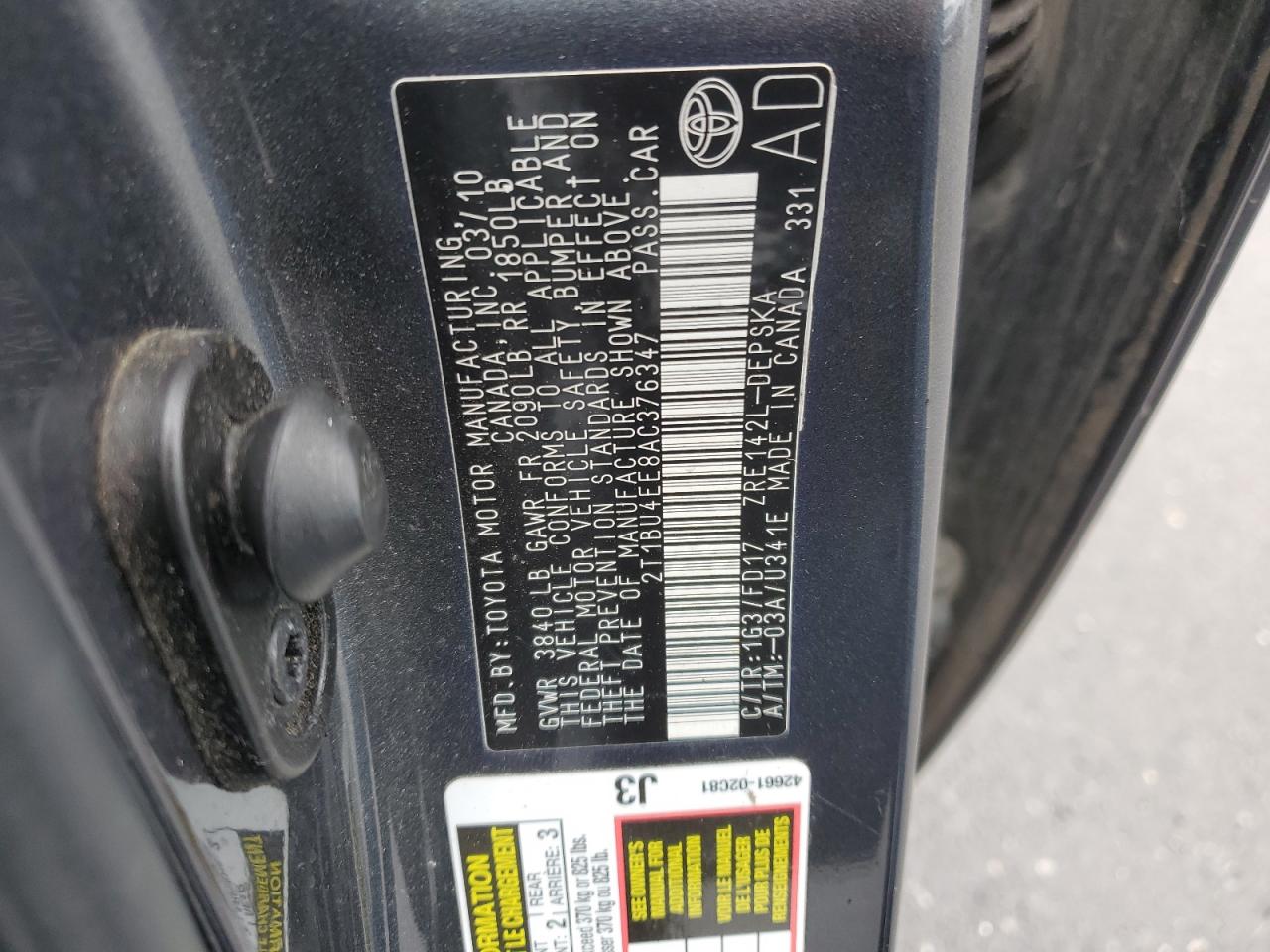 2T1BU4EE8AC376347 2010 Toyota Corolla Base