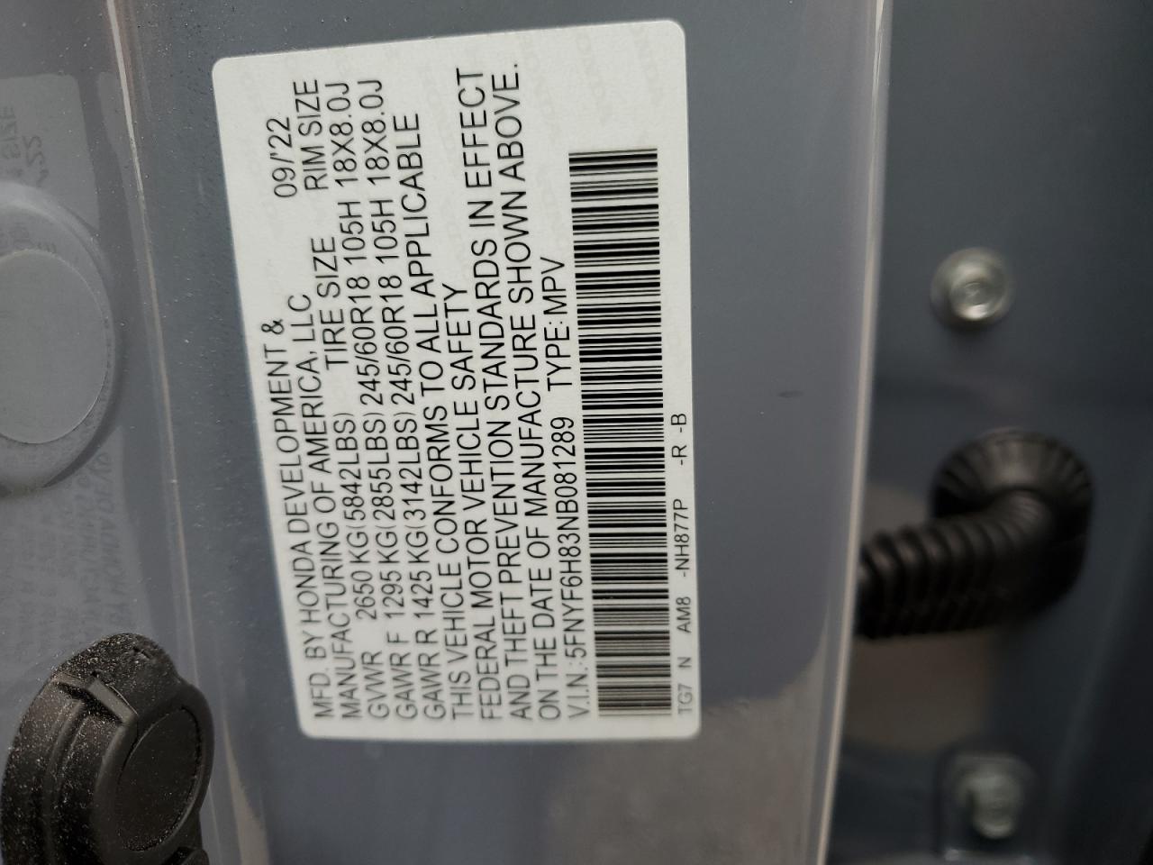 5FNYF6H83NB081289 HONDA PILOT 2022