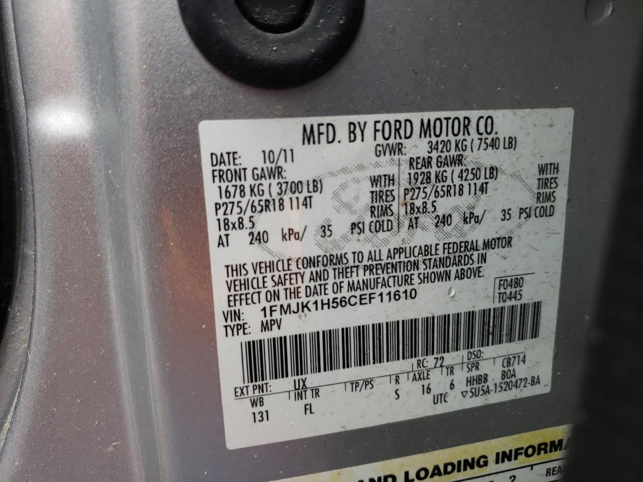 1FMJK1H56CEF11610 2012 Ford Expedition El Xlt