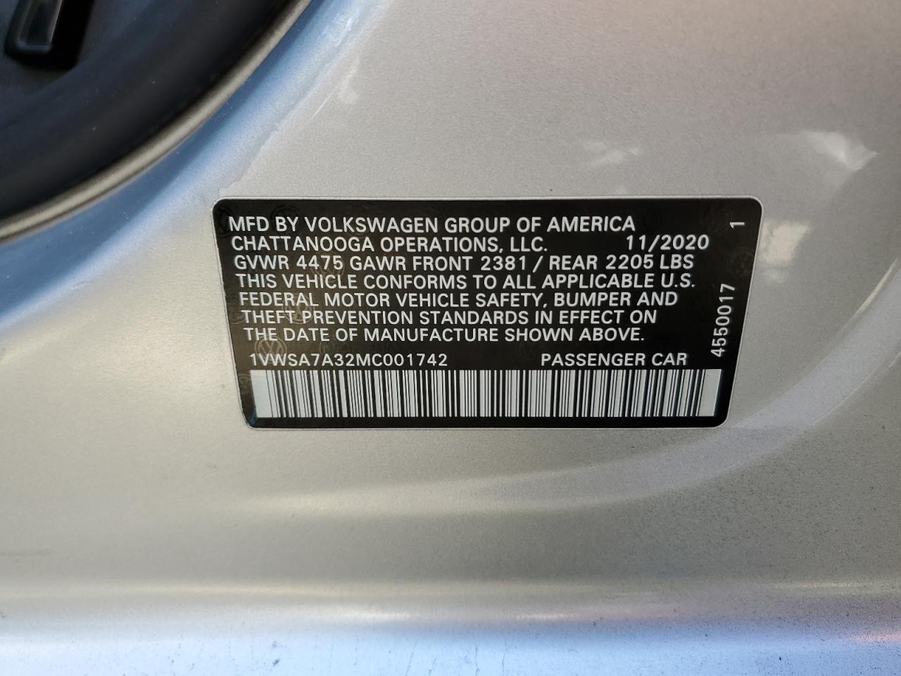 1VWSA7A32MC001742 2021 Volkswagen Passat Se