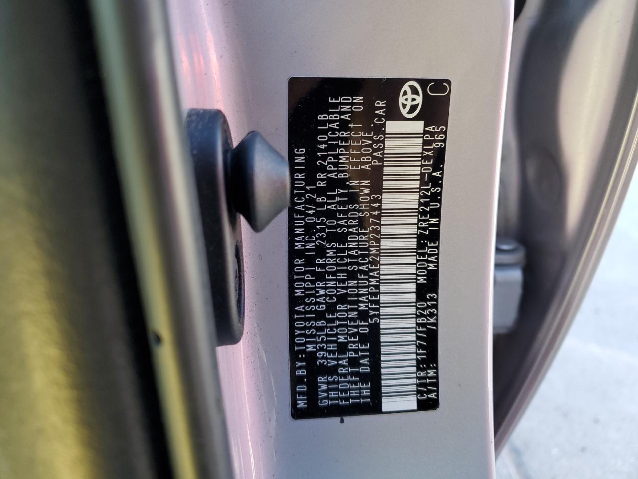 5YFEPMAE2MP237443 TOYOTA COROLLA 2021