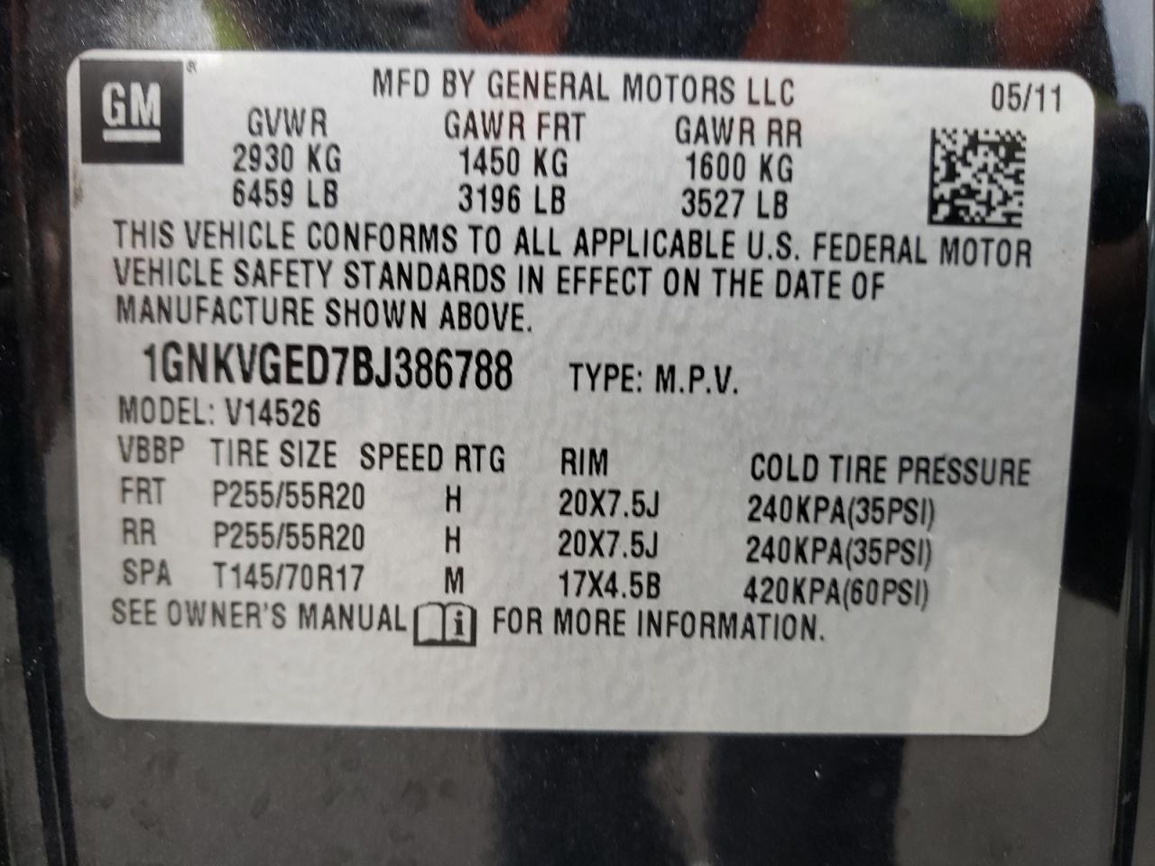 1GNKVGED7BJ386788 2011 Chevrolet Traverse Lt