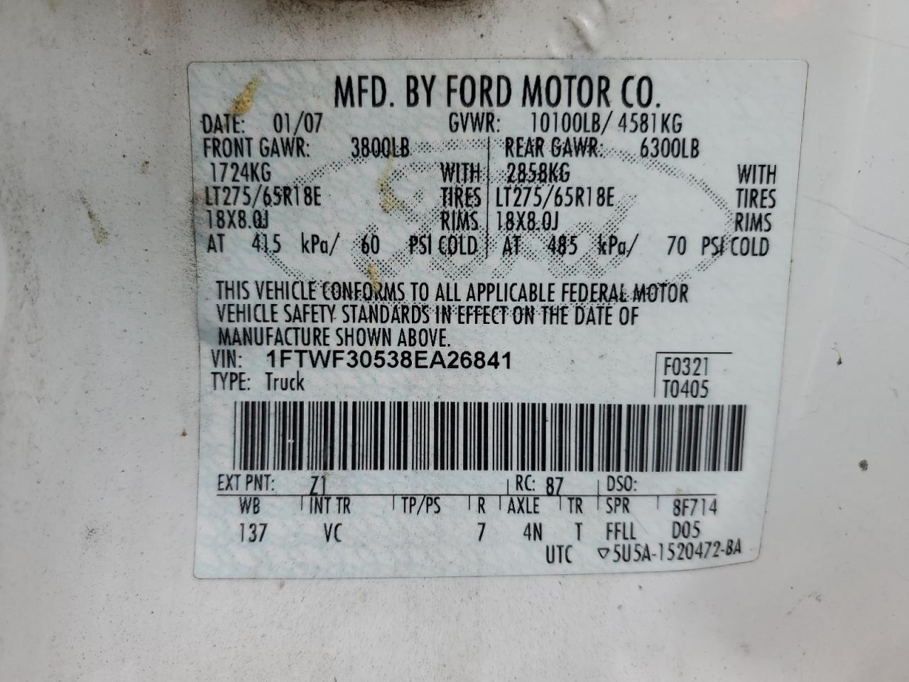 1FTWF30538EA26841 2008 Ford F350 Srw Super Duty