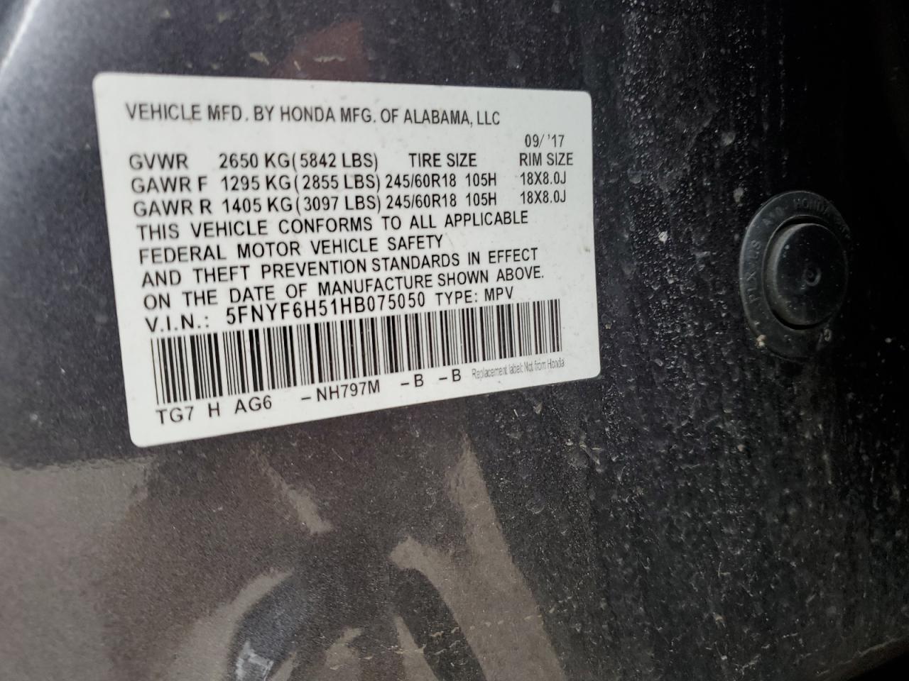 5FNYF6H51HB075050 HONDA PILOT 2017