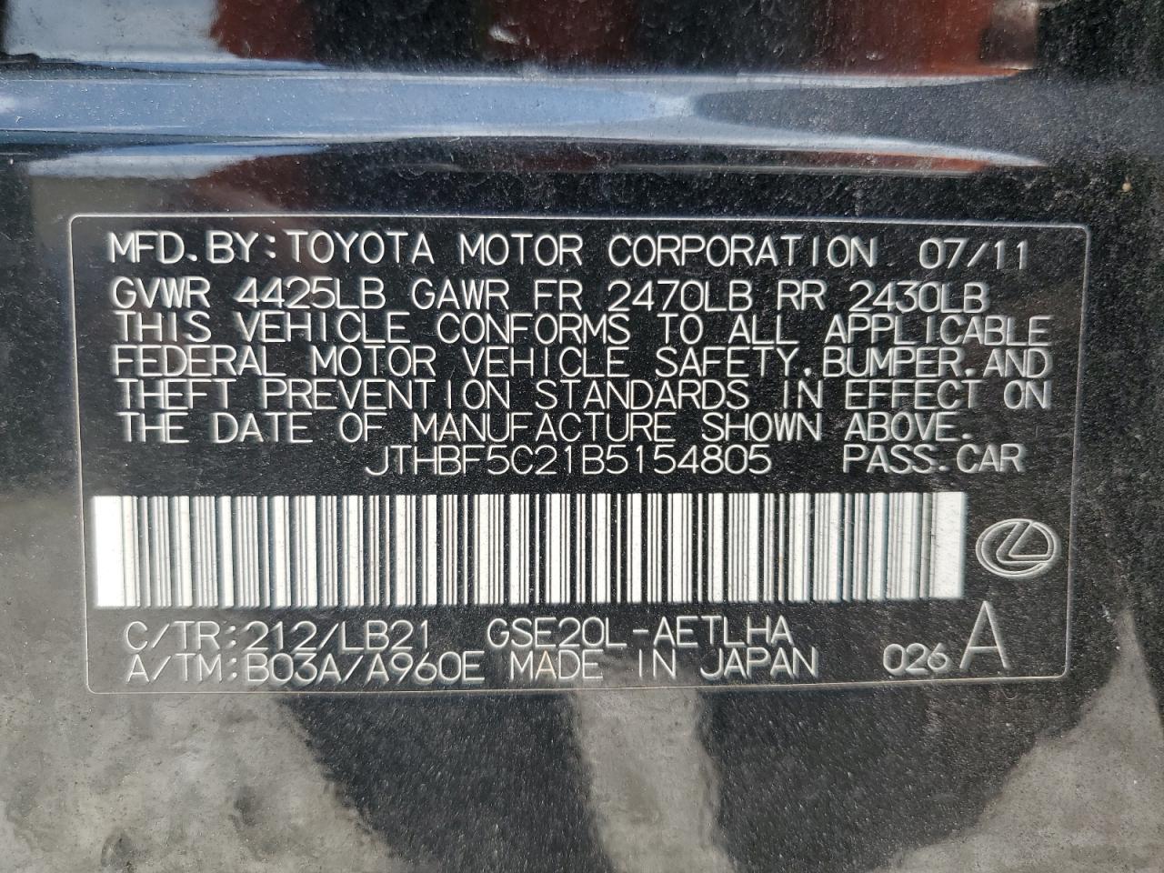 JTHBF5C21B5154805 2011 Lexus Is 250