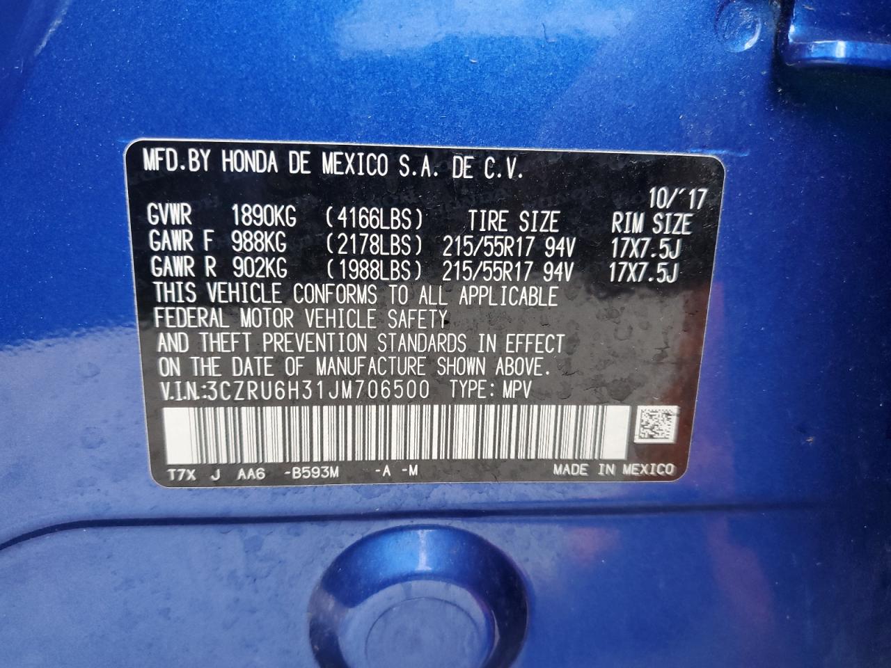 3CZRU6H31JM706500 HONDA HR-V 2018