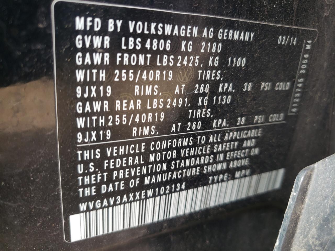 WVGAV3AXXEW102134 2014 Volkswagen Tiguan S