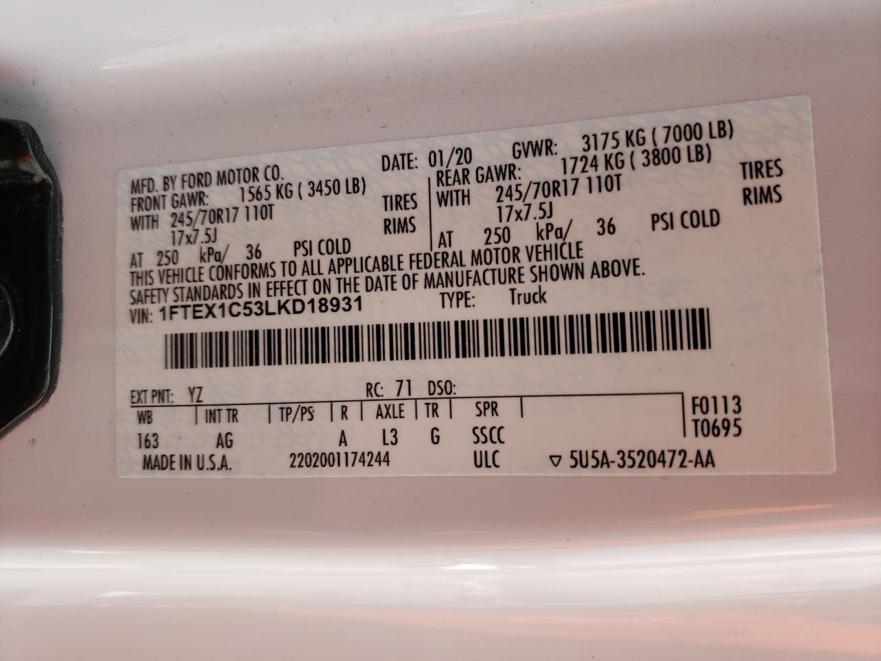 1FTEX1C53LKD18931 FORD F-150 2020