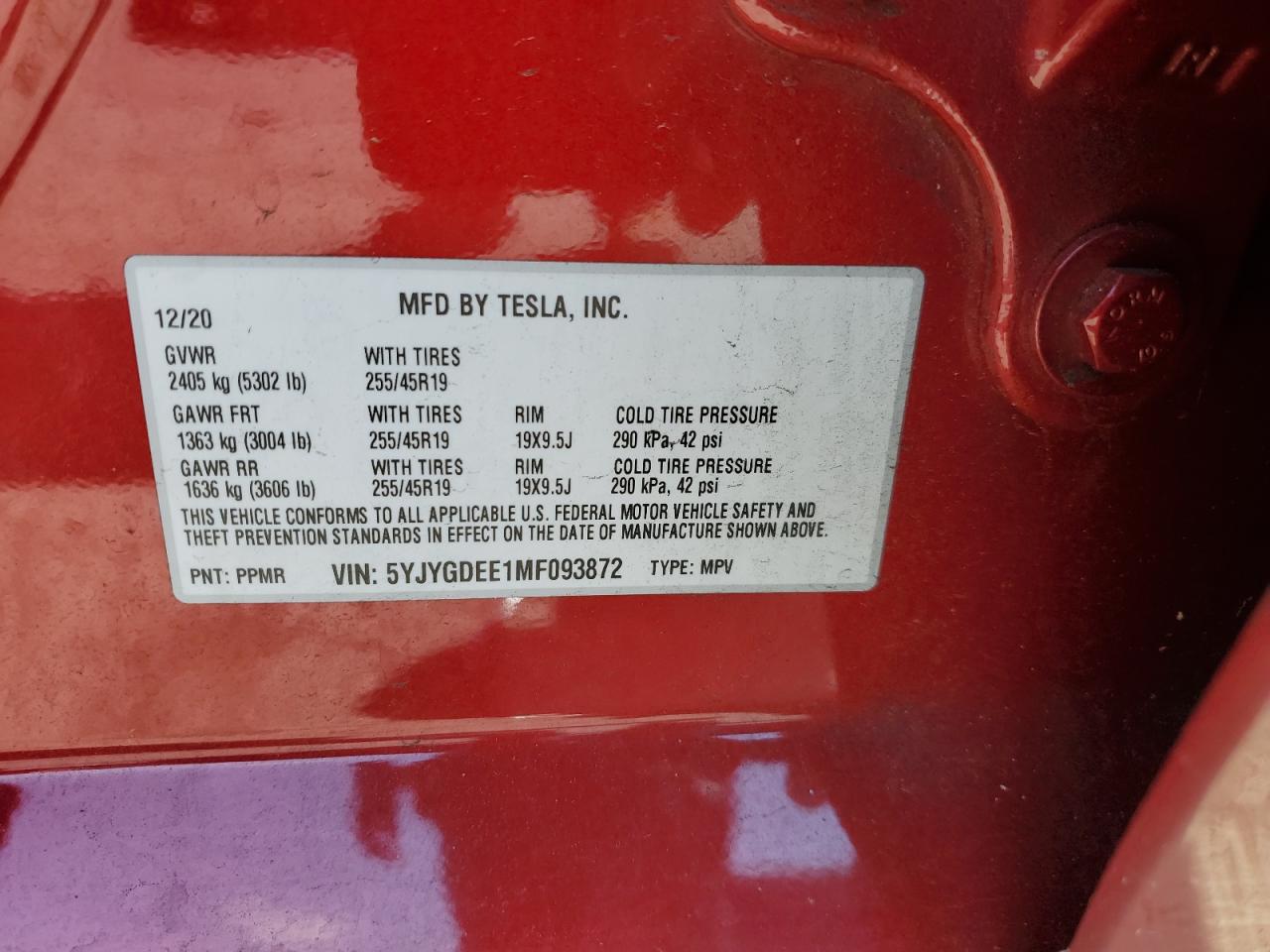 2021 Tesla Model Y vin: 5YJYGDEE1MF093872