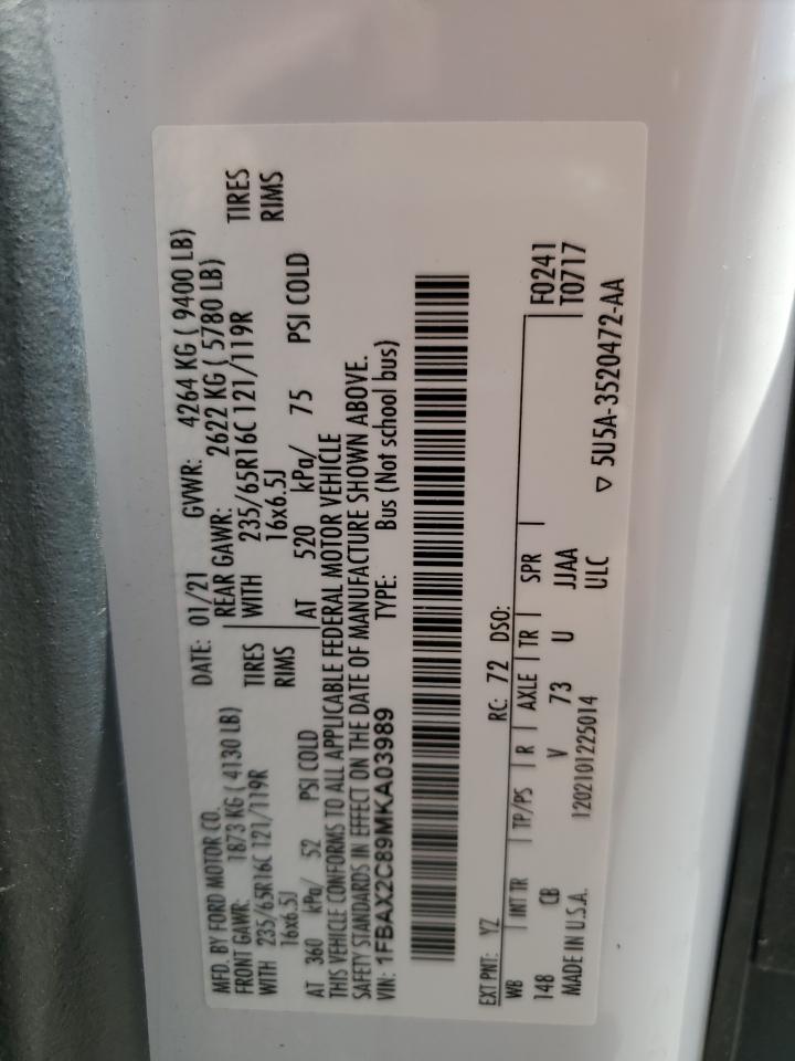 1FBAX2C89MKA03989 FORD TRANSIT 2021