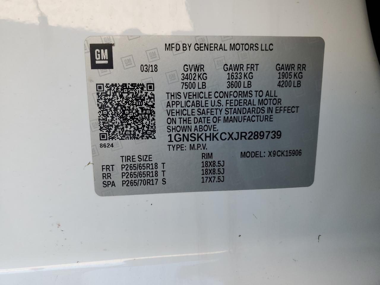 1GNSKHKCXJR289739 CHEVROLET SUBURBAN 2018