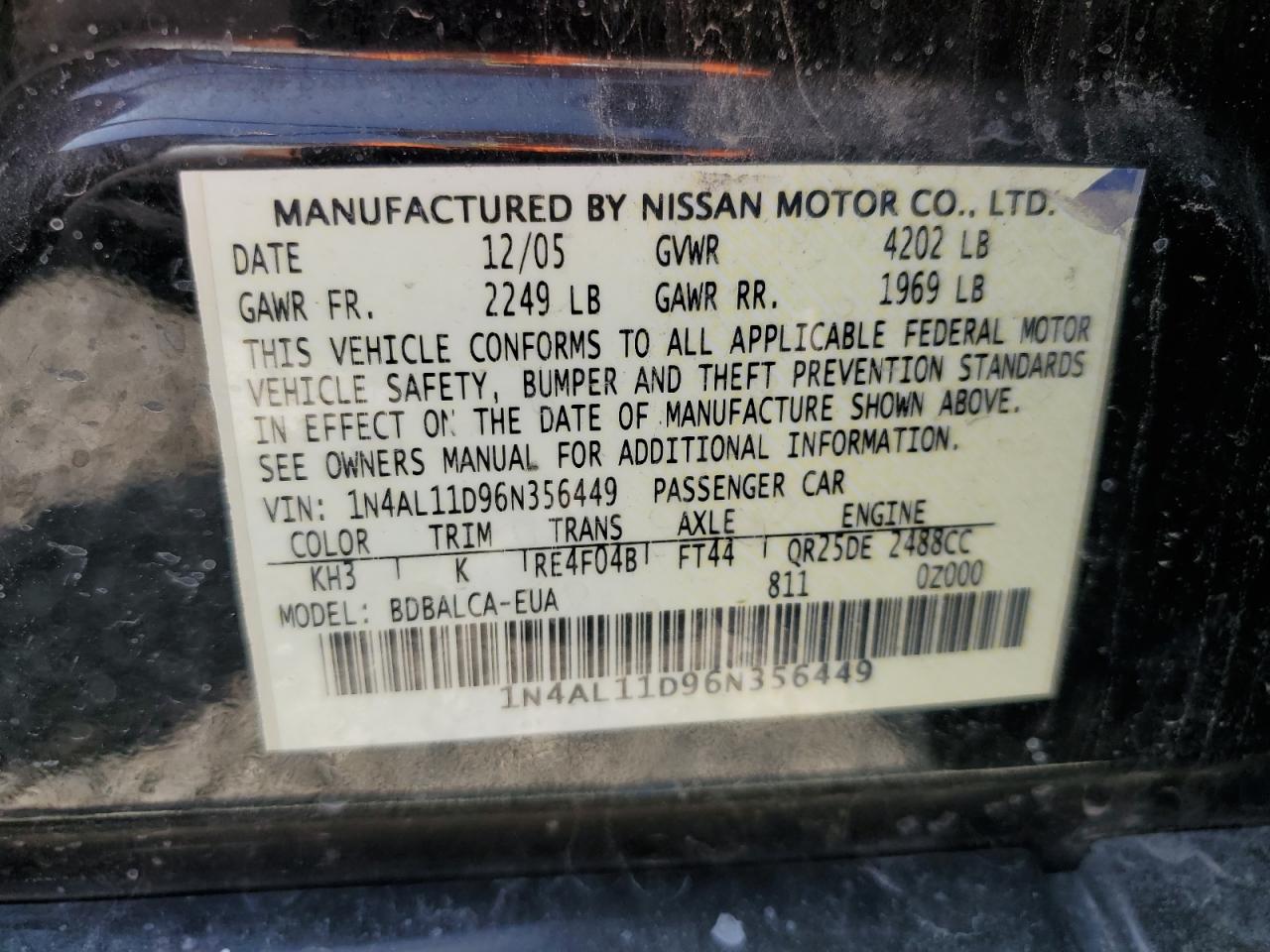 1N4AL11D96N356449 2006 Nissan Altima S