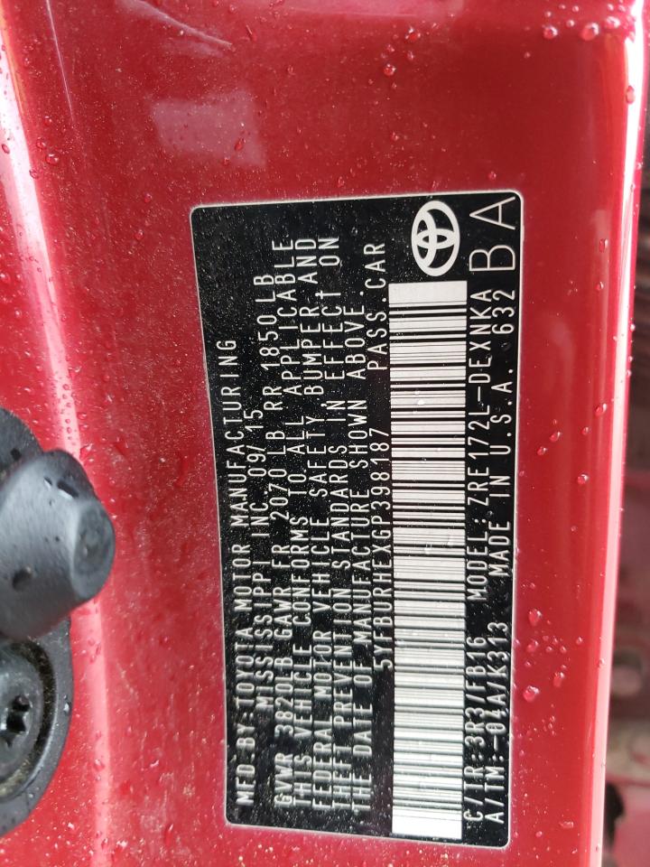 5YFBURHEXGP398187 TOYOTA COROLLA 2016