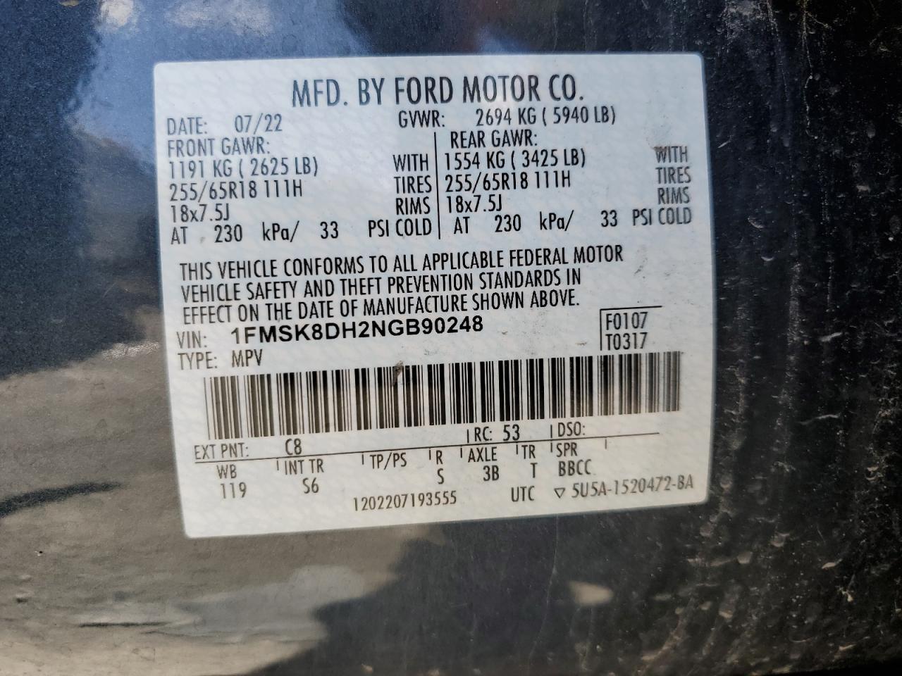 1FMSK8DH2NGB90248 FORD EXPLORER 2022